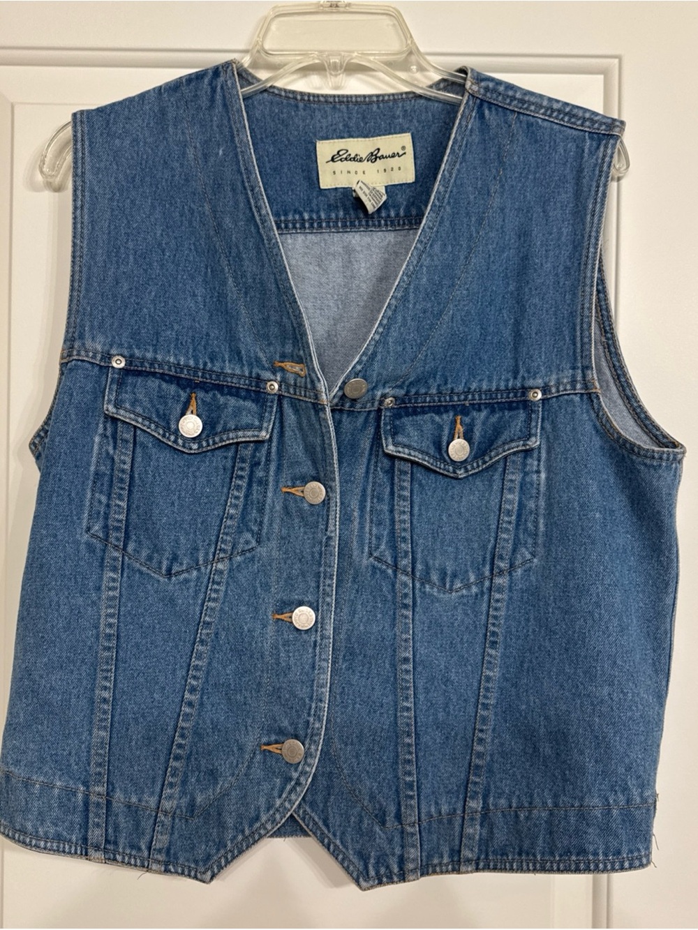 Eddie Bauer Vest Womens Small Denim Blue Button Sleeveless Pockets